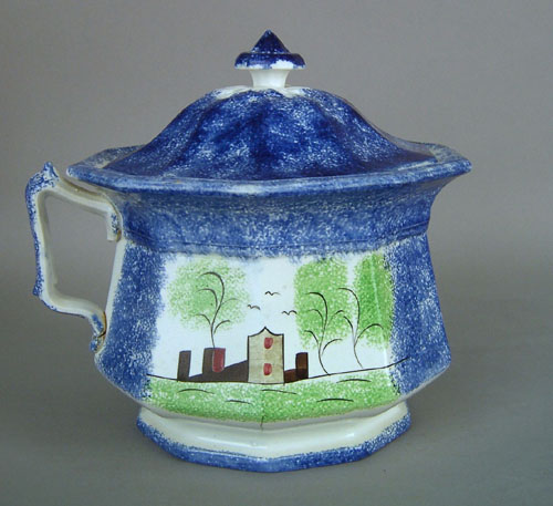 Appraisal: Blue spatter covered pot th c with fort decoration h