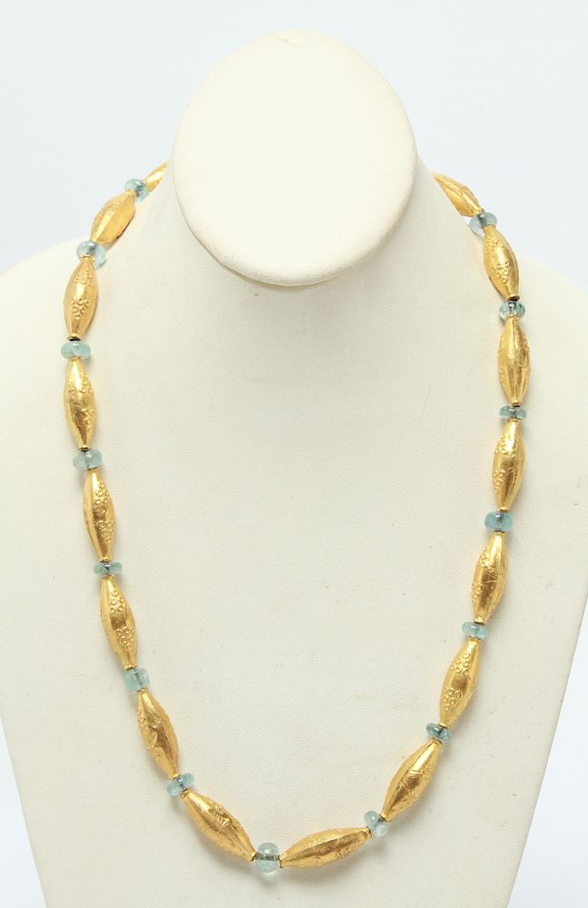 Appraisal: K Yellow Gold Aquamarine Beads Necklace High karat K yellow