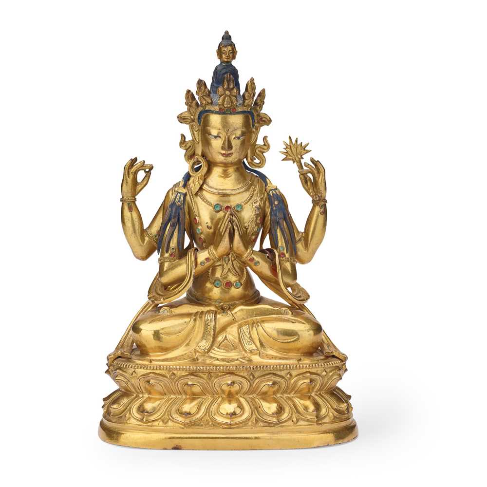 Appraisal: CAST AND REPOUSS GILT BRONZE FIGURE OF CHATURBHUJA LOKESHVARA QING