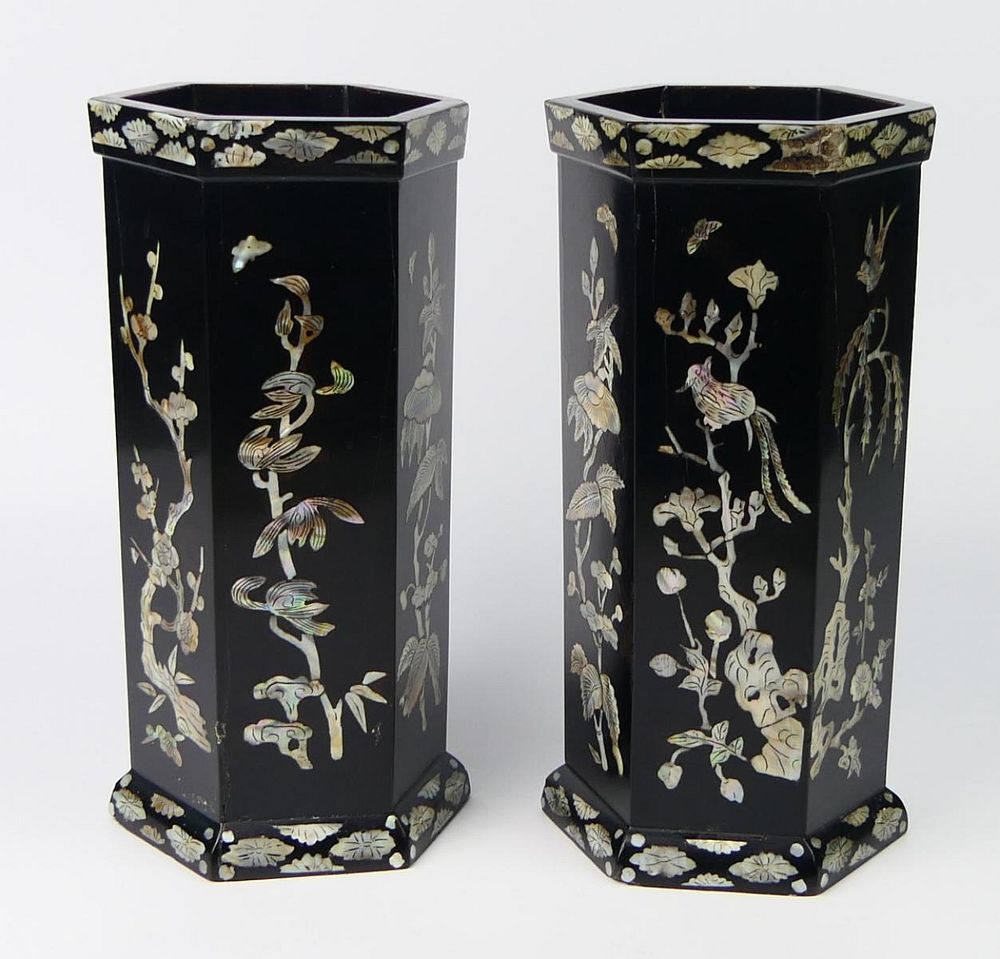 Appraisal: Pr ANTIQUE CHINESE MOP INLAY BLACK LACQUER VASES A pait