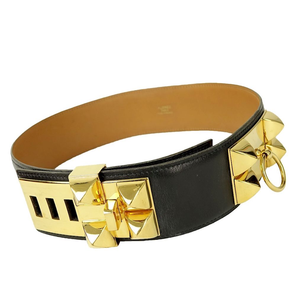 Appraisal: Hermes Belt Hermes Black Leather Collier de Chien Belt Gold