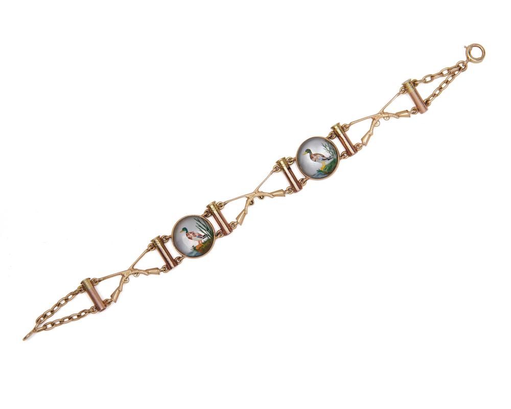 Appraisal: K Gold and Reverse Painted Crystal Bracelet the bicolor gold