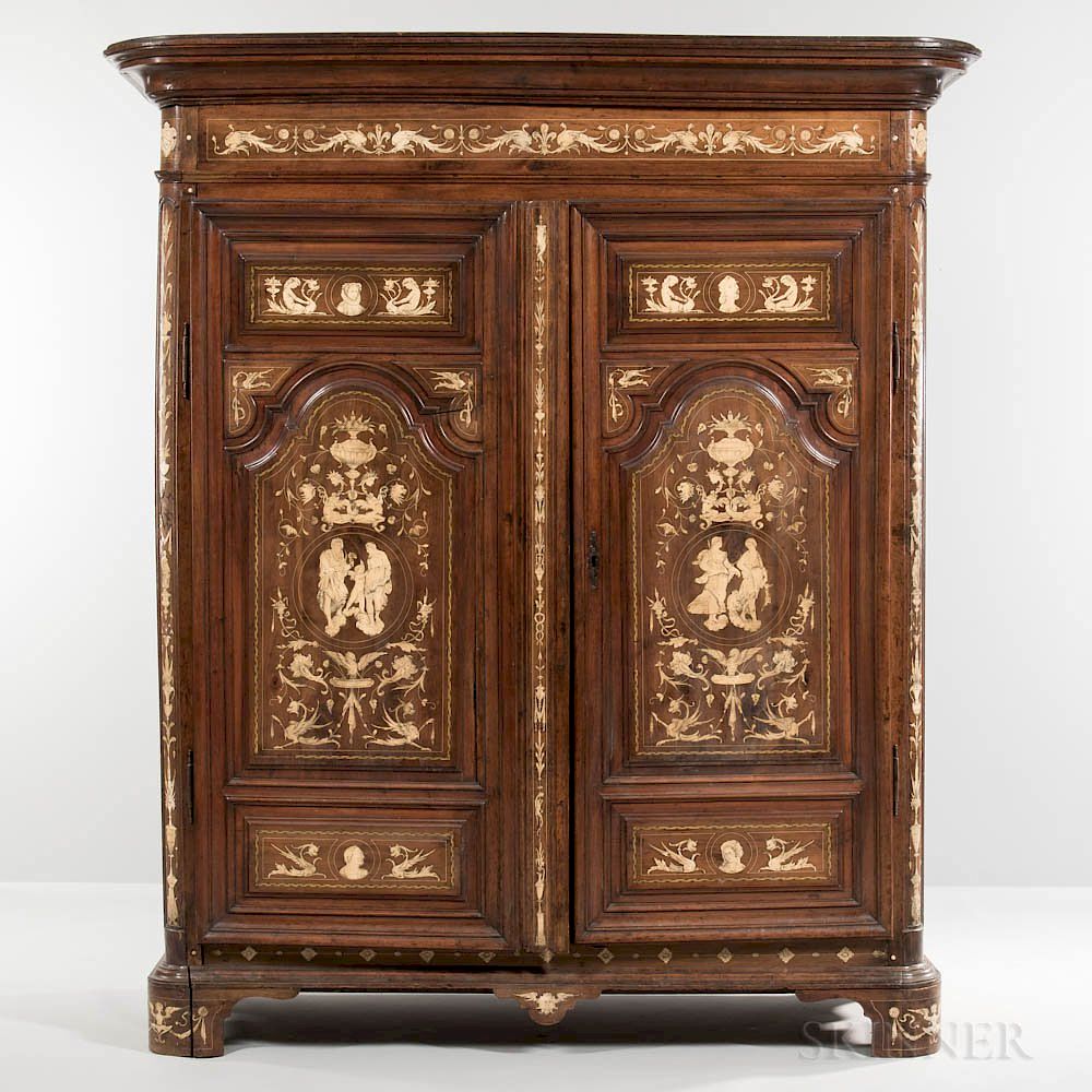 Appraisal: Renaissance Revival Faux-ivory-inlaid Walnut Armoire Renaissance Revival Faux-ivory-inlaid Walnut Armoire