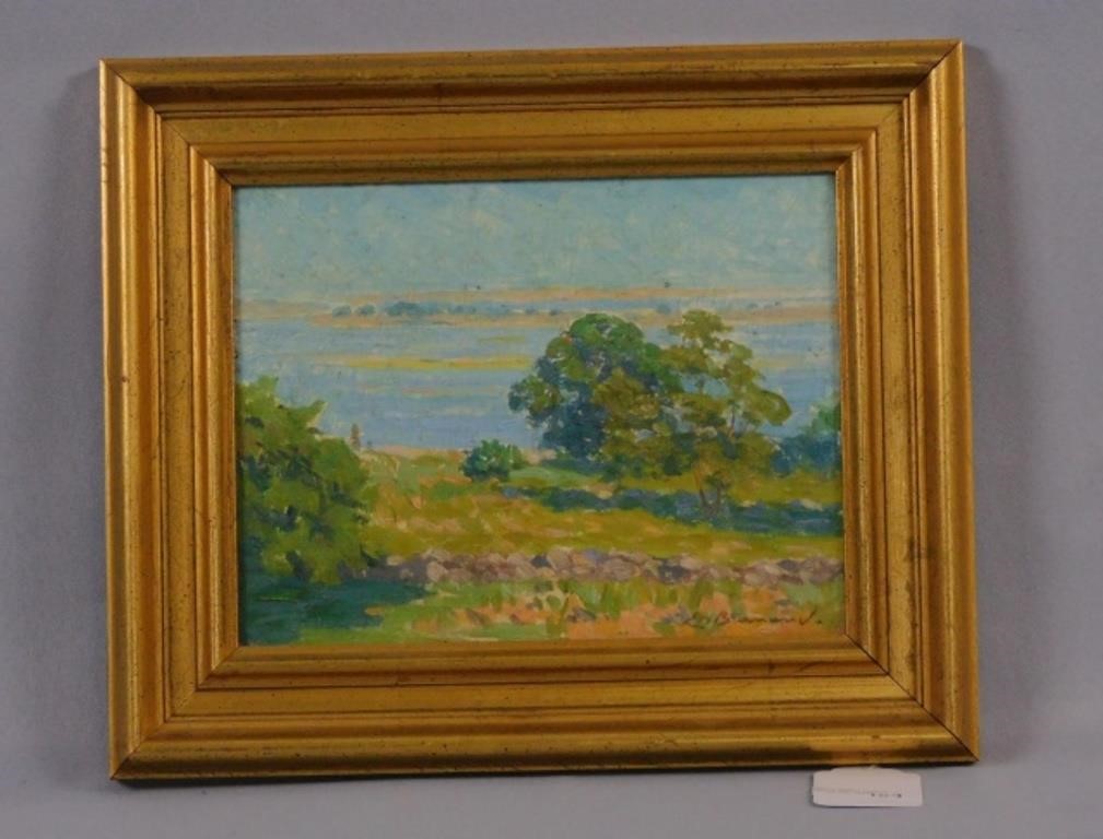 Appraisal: artist's board depicting a seascape with trees Signed lower right