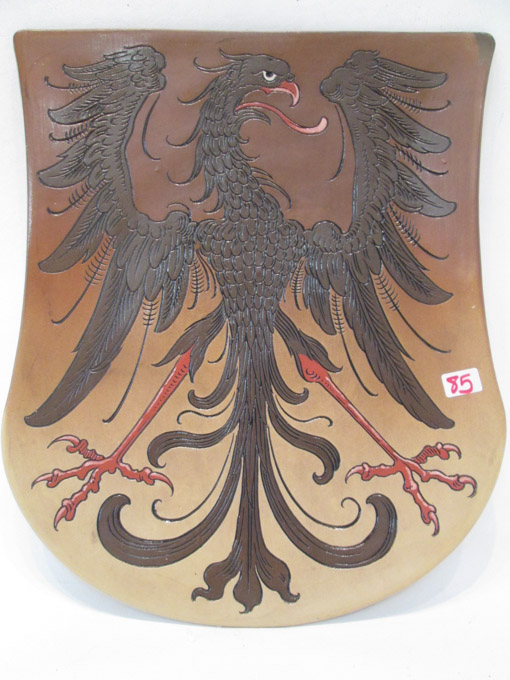 Appraisal: METTLACH ETCHED POTTERY PLAQUE Imperial Eagle shield form Mettlach trademark