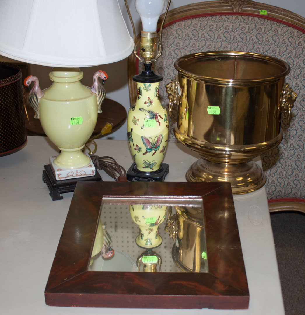 Appraisal: Assorted items including two table lamps brass bucket mahogany mirror