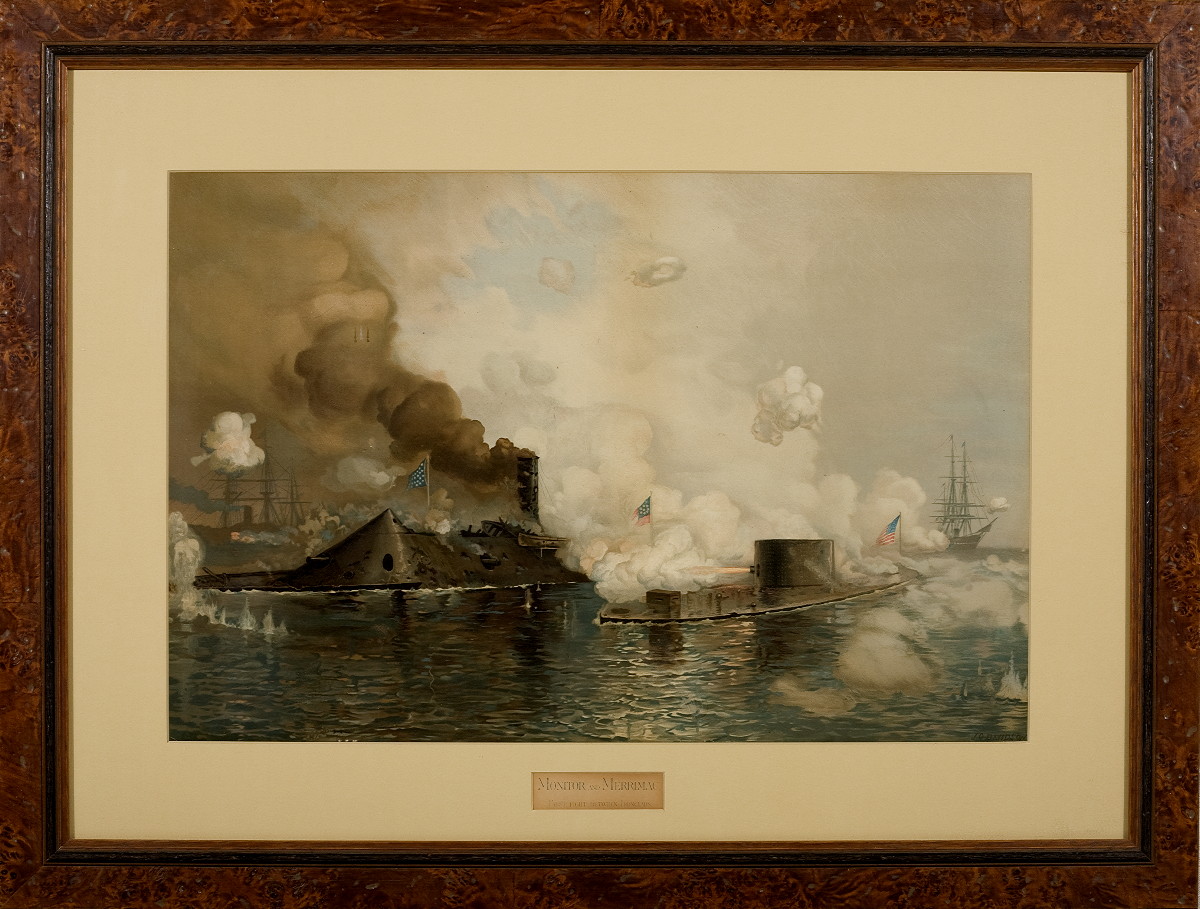 Appraisal: MONITOR AND MERRIMAC FIRST FIGHT BETWEEN IRONCLADS Chromolithograph after J