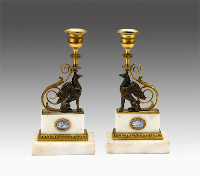 Appraisal: Pair of English ormolu patinated bronze and marble candlesticks first