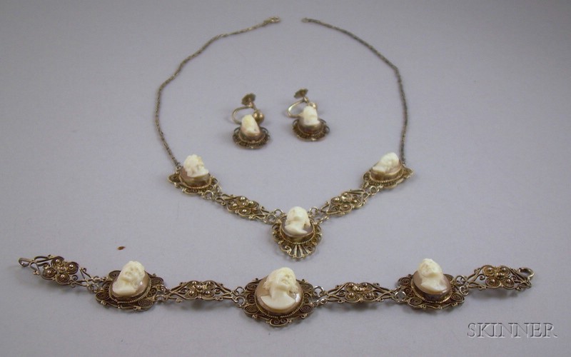 Appraisal: Silver Filigree and Shell carved Cameo Demi-parure comprising a necklace