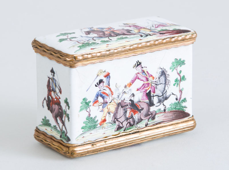 Appraisal: CONTINENTAL GILT-METAL-MOUNTED ENAMEL DOUBLE-LIDDED SNUFF BOX The four sides with