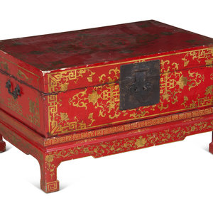 Appraisal: A Chinese Export Red Lacquer Chest on Stand Early th