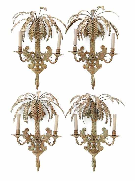 Appraisal: Set of four gold-metal wall sconces each with palmetto tree