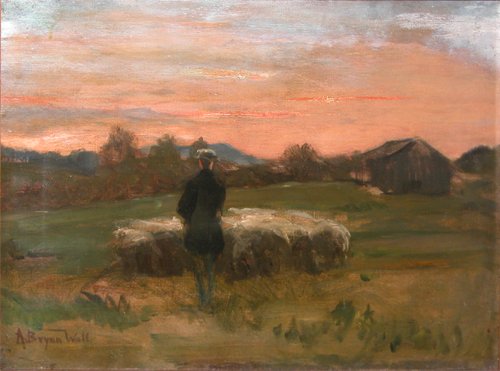 Appraisal: Shepherd at Twilight Herding the Sheep back to the Barn