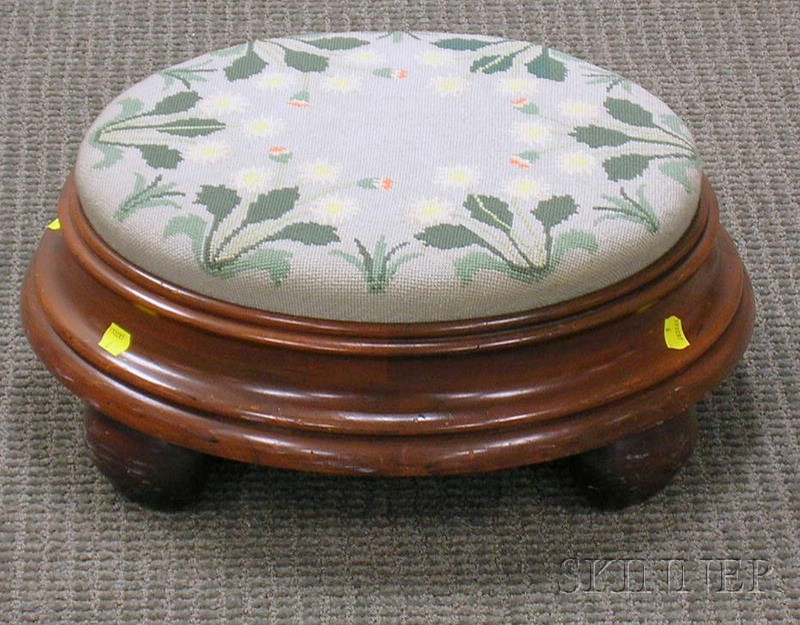 Appraisal: Circular Needlepoint Upholstered Walnut Footstool