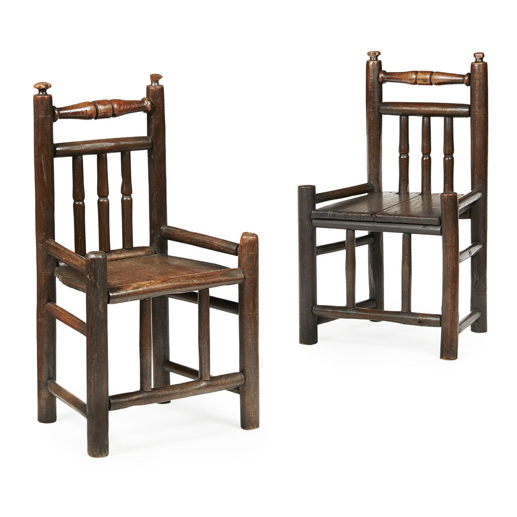 Appraisal: PAIR OF ELM TURNER'S CHAIRS TH CENTURY the backs with