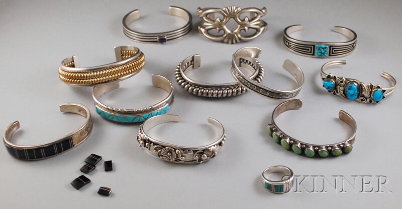 Appraisal: Group of Mostly Sterling Silver Cuff Bracelets several with turquoise