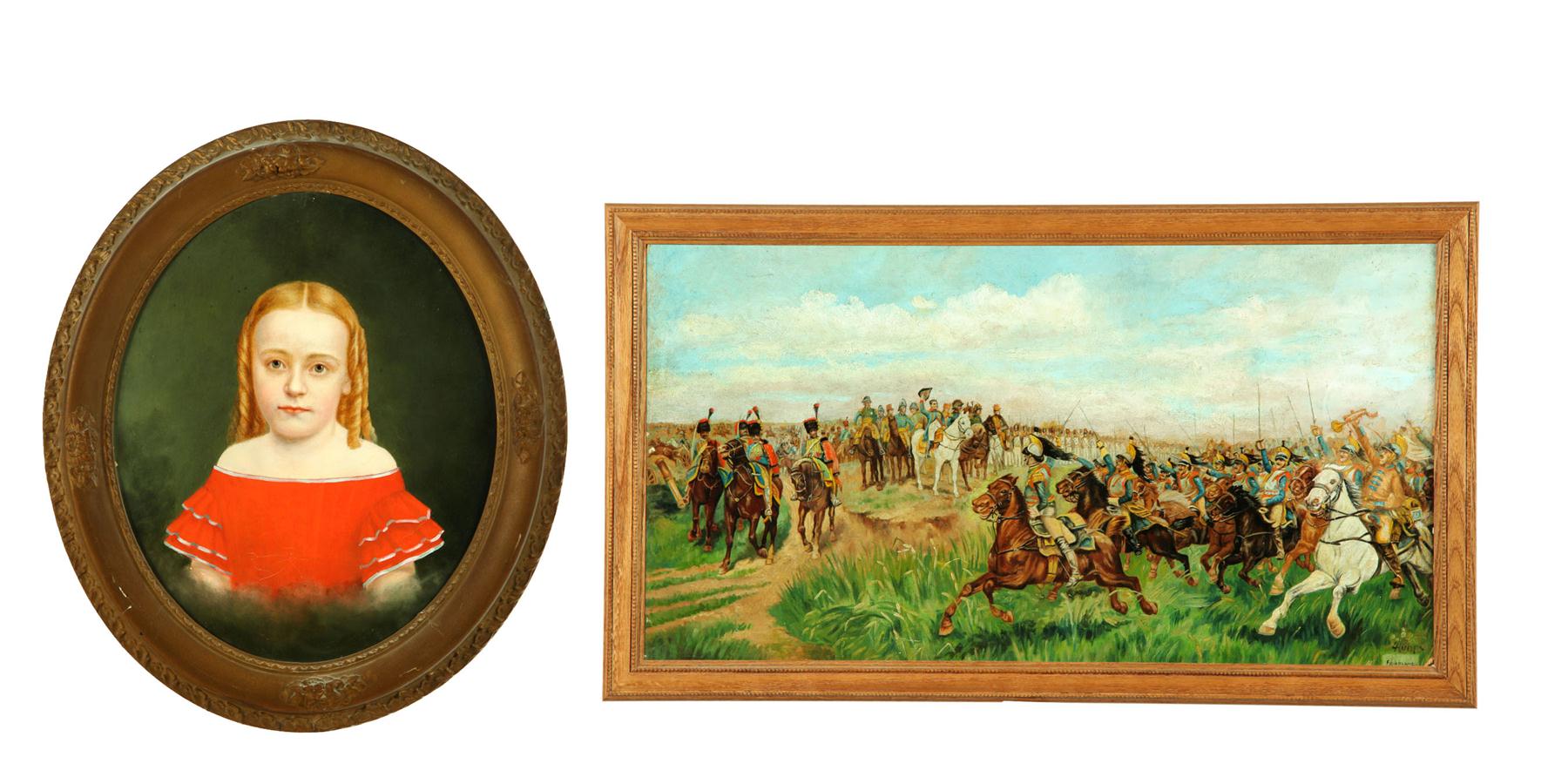 Appraisal: PORTRAIT AND BATTLE SCENE Oval portrait of girl with ringlets