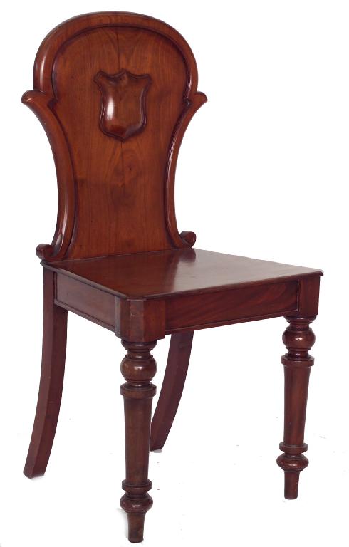 Appraisal: th CENTURY MAHOGANY HALL CHAIR the cartouche back centred by