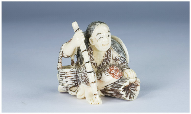 Appraisal: Finely Carved Ivory Netsuke of an Elderly Man Seated on