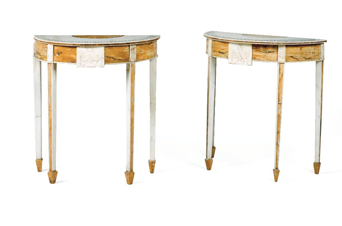 Appraisal: PAIR OF ENGLISH NEOCLASSICAL CARVED MARBLE DEMILUNE CONSOLE TABLES Each