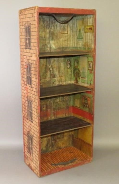 Appraisal: DUNHAM COCONUT WOODEN CRATE DOLLHOUSE ca s lithograph paper covered