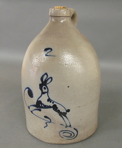 Appraisal: - Two-gallon stoneware jug with blue decoration of a running