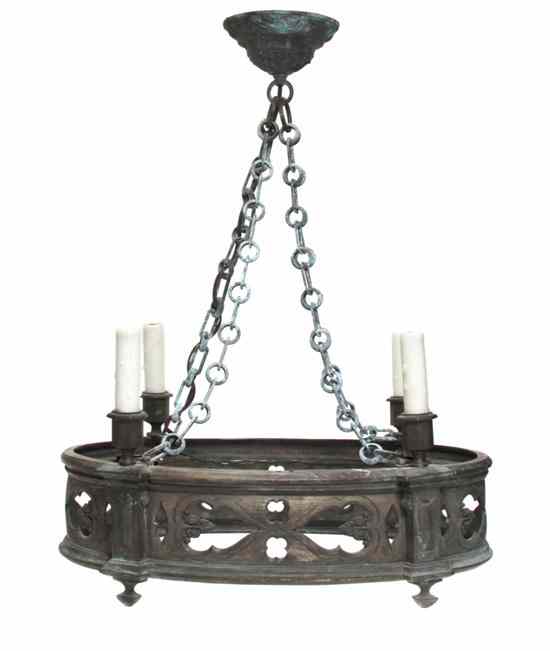 Appraisal: A Gothic Style Bronze Four-Light Chandelier of oval form with