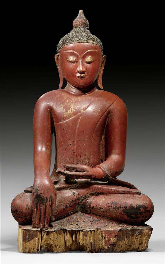 Appraisal: A RED LACQUERED WOODEN MARAVIJAYA BUDDHA Burma Shan th th