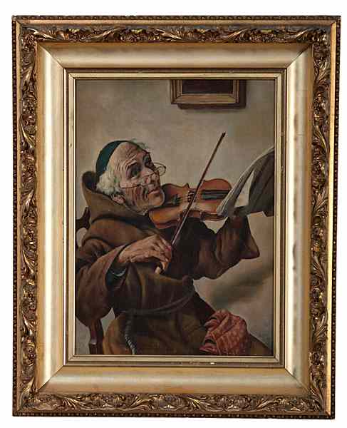 Appraisal: Monk Musician by Keller Keller probably German Oil on canvas