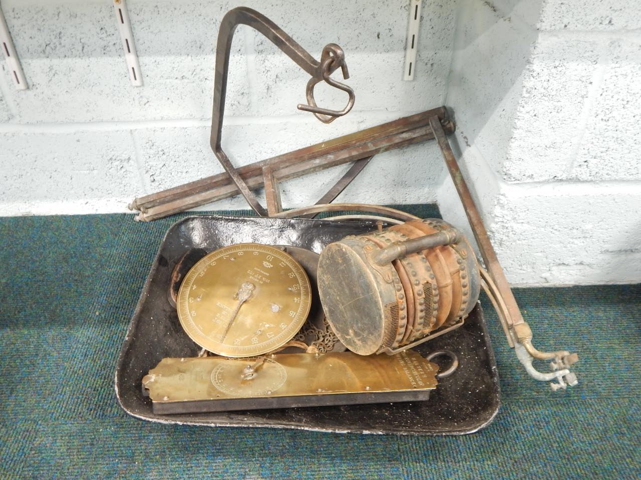 Appraisal: A collection of weighing implements etc to include two brass