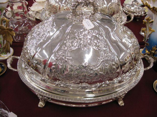 Appraisal: Enormous Silverplate Covered Meat Dome with warming tray footed repousse