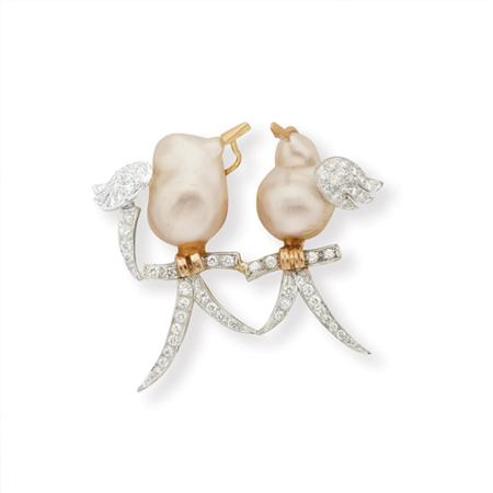 Appraisal: Gold Baroque Cultured Pearl and Diamond Love Bird Brooch Estimate