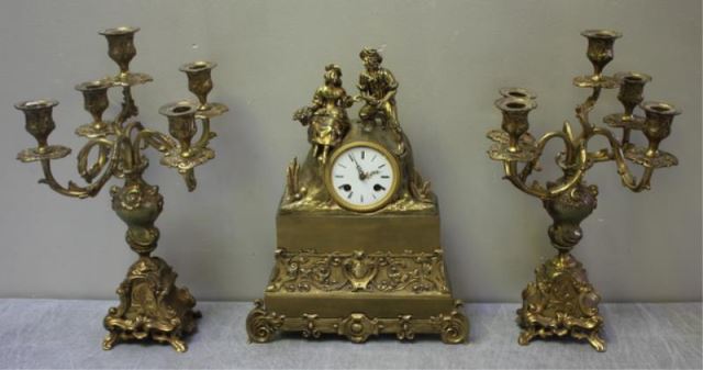 Appraisal: Piece Gilt Metal Clock Garniture Set From a Bronxville NY