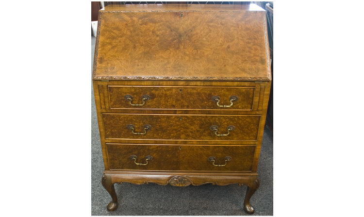 Appraisal: Walnut Bureau Sloping Hinged Front Opens To Reveal A Fitted