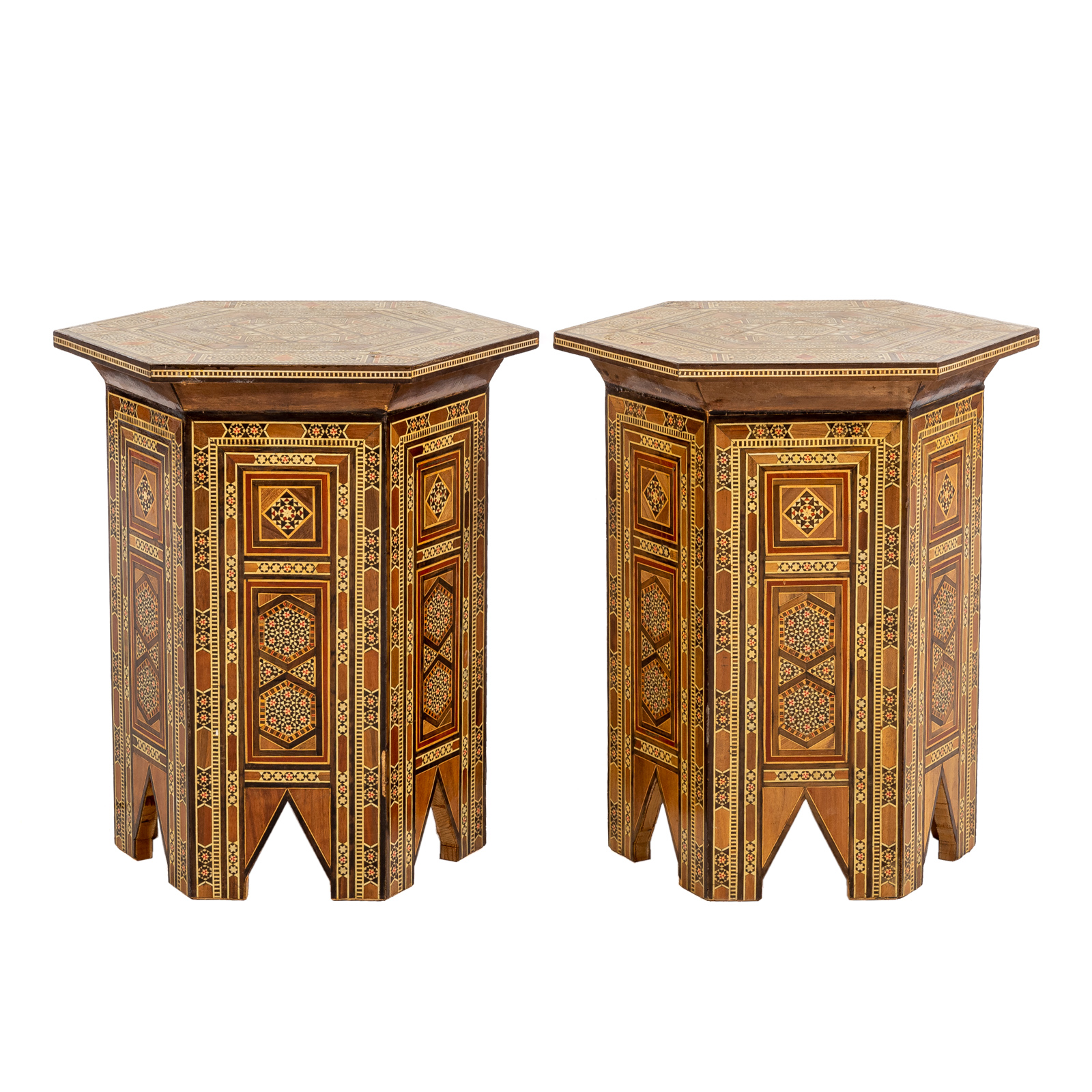 Appraisal: A PAIR OF INTARSIA STANDS Syrian intarsia stands hexagonal panels