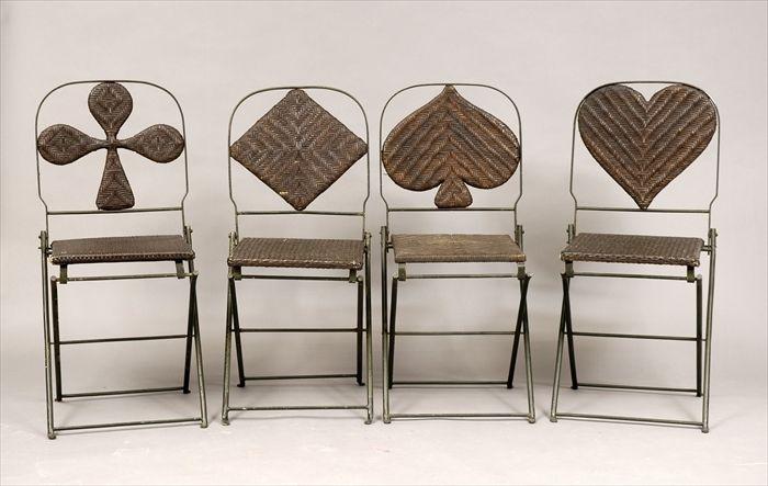 Appraisal: Set of Four Enameled Metal and Cane Folding Bridge Chairs