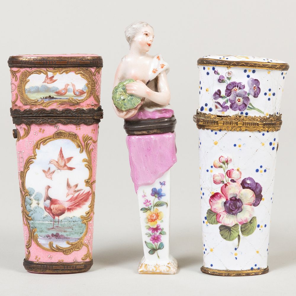 Appraisal: Two English Enamel Etui Cases and a Continental Porcelain Figural