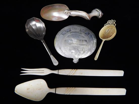 Appraisal: Bone shell and faux bone decorative arts mostly utensils six