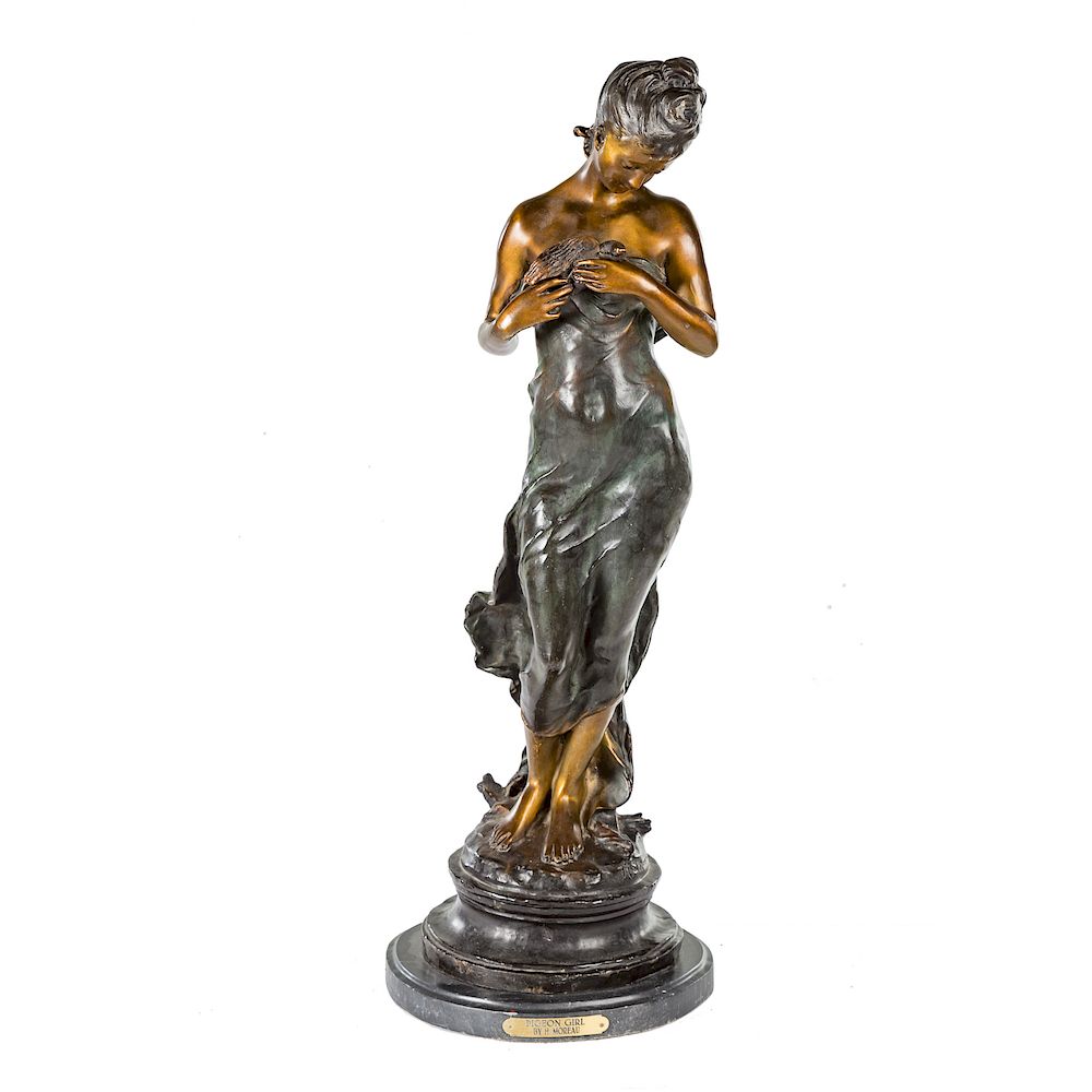 Appraisal: After Moreau Pigeon Girl polychrome bronze maiden holding pigeon mounted