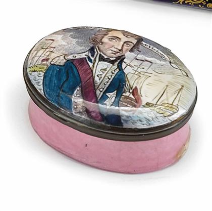 Appraisal: Battersea enamel patch box of Admiral Nelson early th century