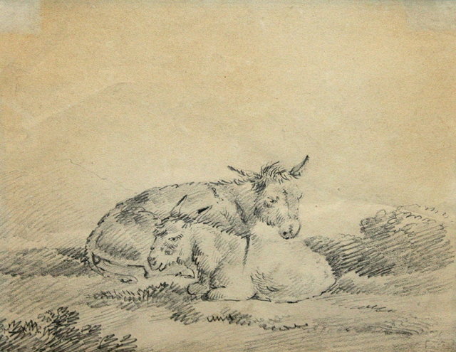 Appraisal: GEORGE MORLAND - Two donkeys in a landscape pencil sketch