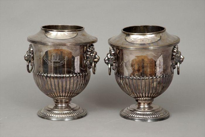 Appraisal: Pair of Regency-Style Silverplate Campagna-Form Wine Coolers in in diam