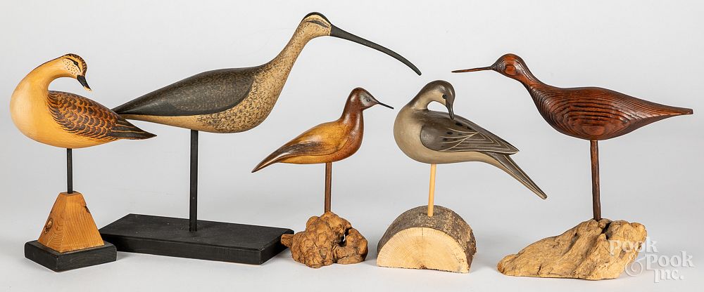 Appraisal: Five carved and painted shorebird decoys Five carved and painted