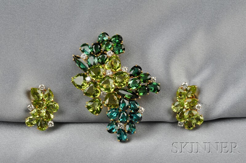 Appraisal: Diamond and Gem-set k Gold Suite the brooch set with