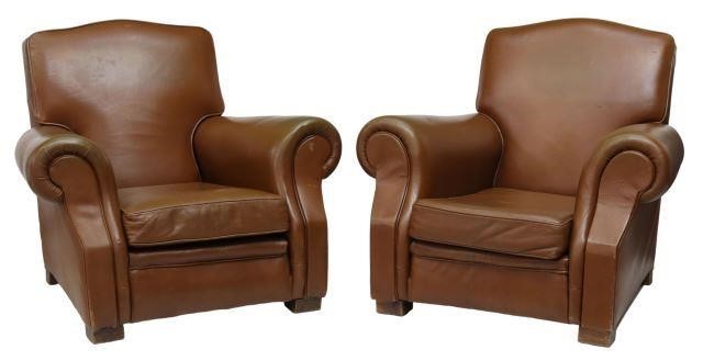 Appraisal: pair French leather armchairs th c having arched back over