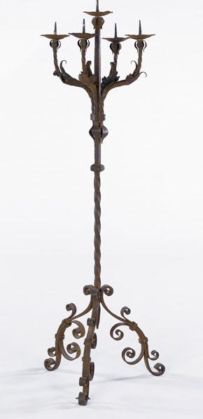 Appraisal: WROUGHT-IRON Free standing candelabra with foliate design th C x