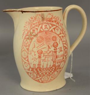 Appraisal: Masonic Liverpool pitcher painted in red Free Mason symbols on