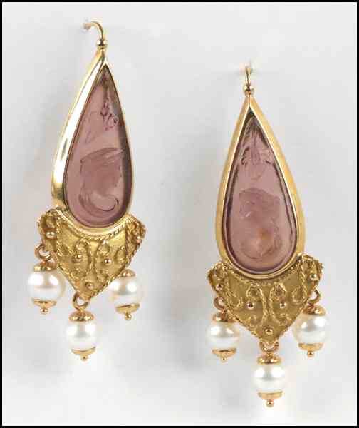 Appraisal: ITALIAN KARAT YELLOW GOLD PEARL AND GLASS CAMEO WIREBACK EARRINGS