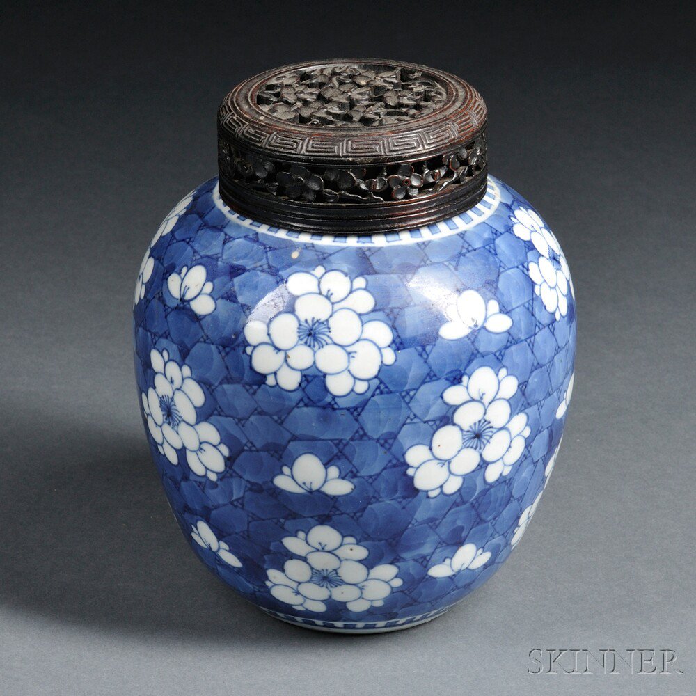 Appraisal: Blue and White Jar with Wood Cover China th th