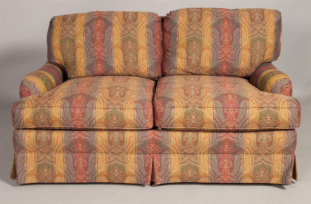 Appraisal: LEE INDUSTRIES LOVESEAT WITH PAISLEY UPHOLSTERY low straight back with